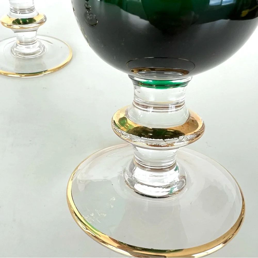 Vintage Goblet 3pc Set Emerald Green 24k Gold Plated Italian Style Wine Glass